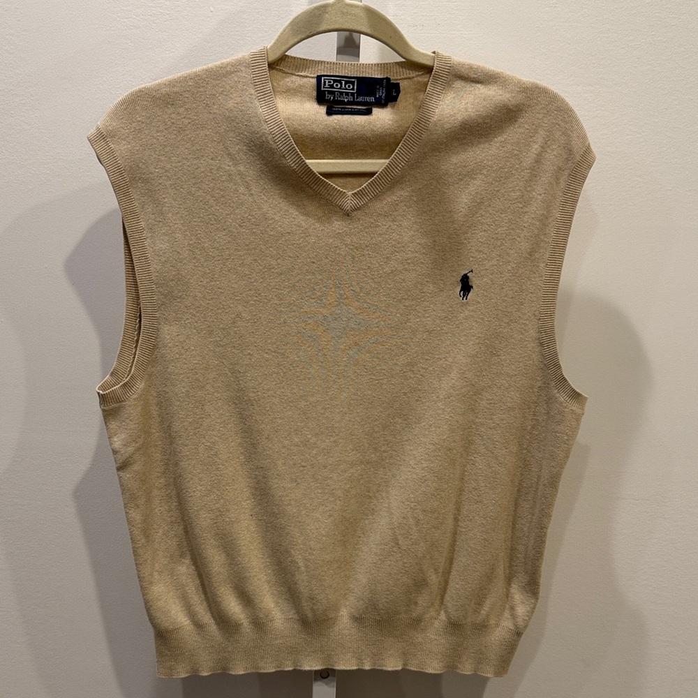 Polo by Ralph Lauren Beige V-Neck Sweater Vest Men Size L Pima Cotton Knit Y2K